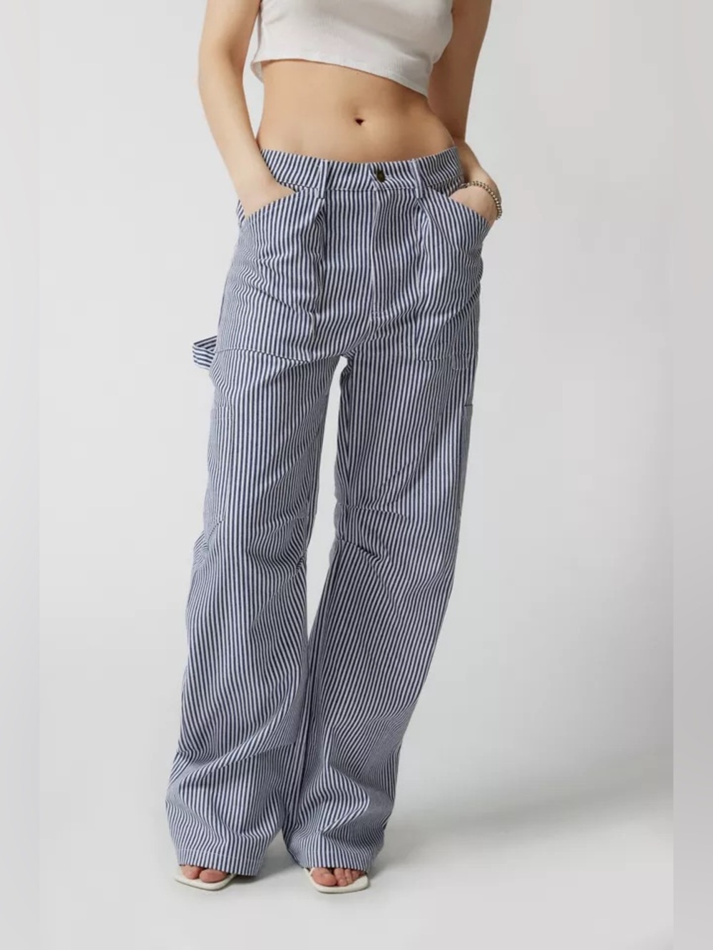 Lioness Navy and White Vertical-Stripe Wide Leg Trousers